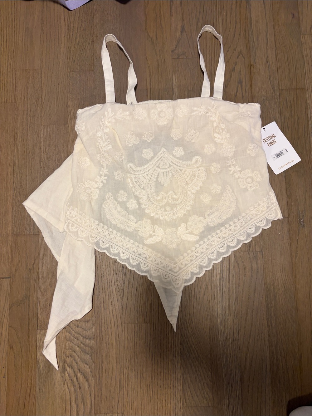 Lucky Brand Cream Embroidered Handkerchief Hem Crop Top tie back
